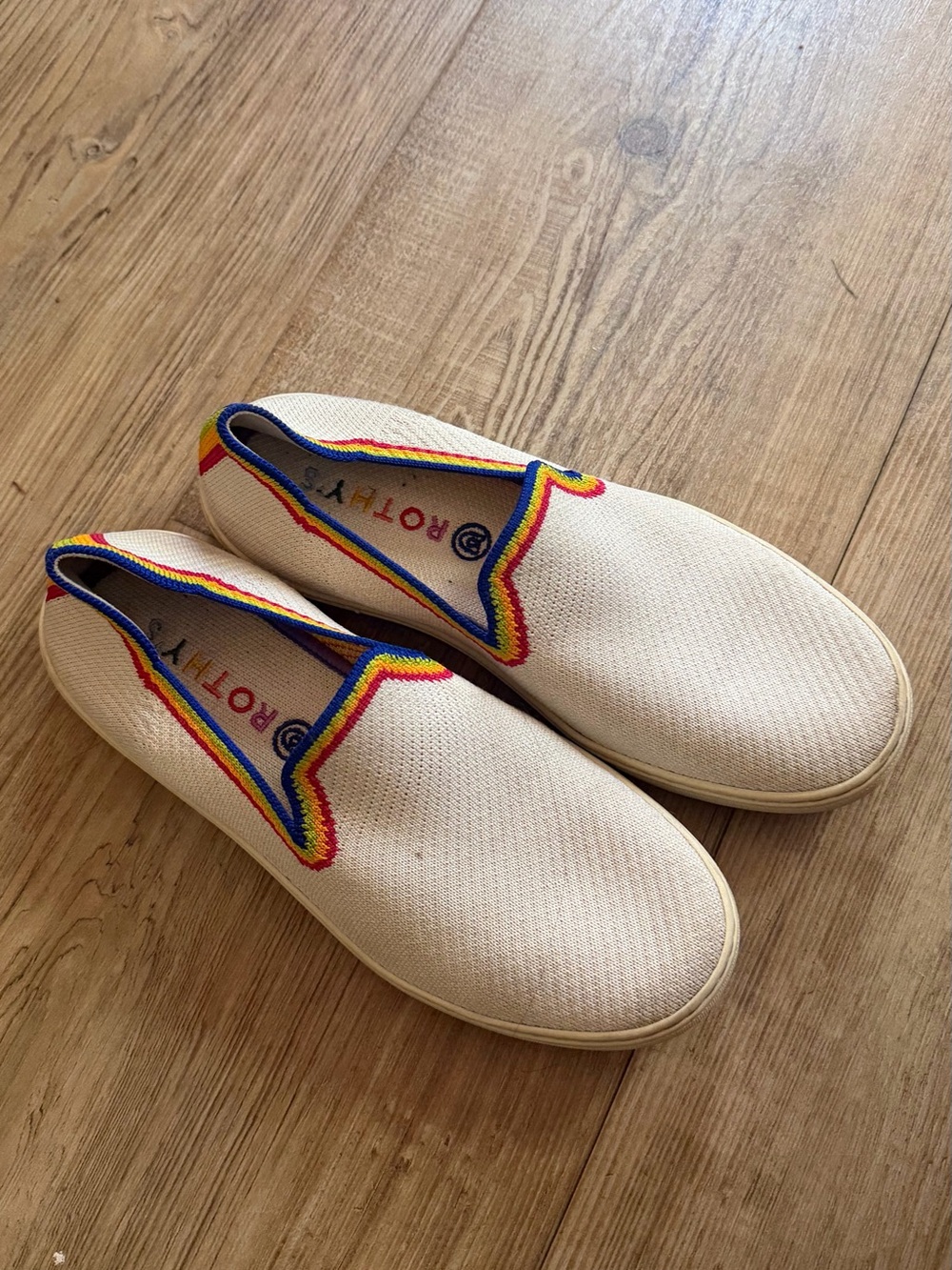 Rothy's Cream Slip-On Loafers with Rainbow Trim
